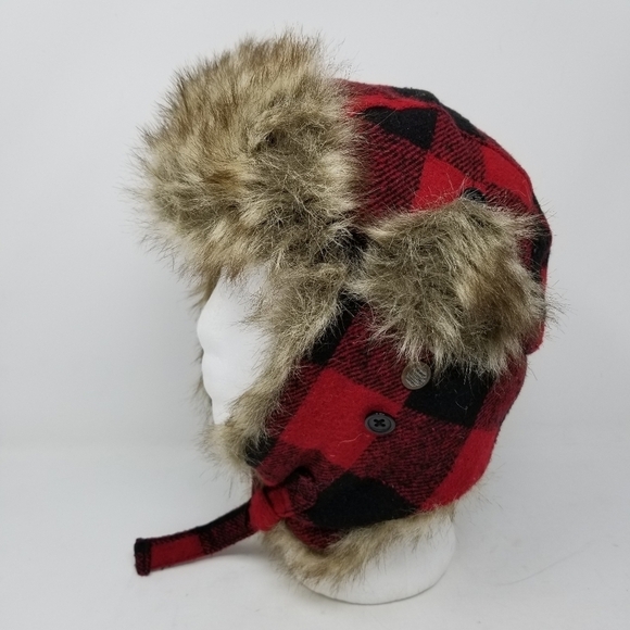 Vintage Crown Co Trapper Hat Faux Fur Plaid Red Black Wool Blend Quilt Lining - Picture 2 of 11